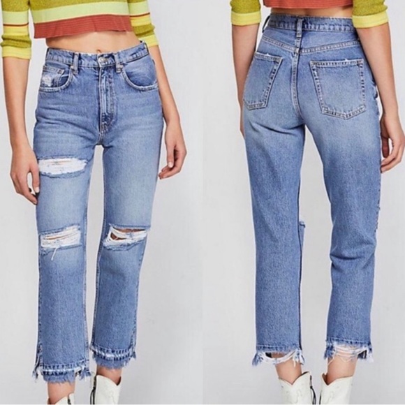 Free People Denim - FREE PEOPLE Yosemite Blue Distressed High Rise Straight Ankle Jeans NEW Size 29